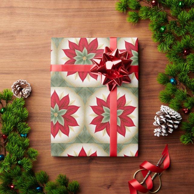 Papel De Regalo Poinsettia verde rojo festivo (Regalo de vacaciones)