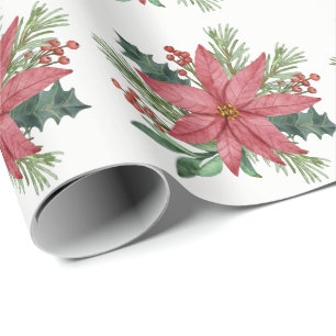 Papel De Regalo Poinsettia Watercolor Invierno Navidades Florales