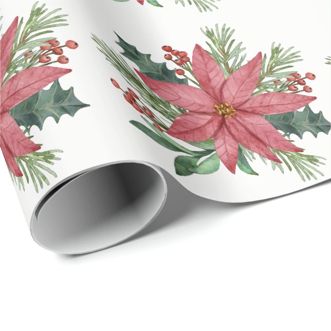 Papel De Regalo Poinsettia Watercolor Invierno Navidades Florales  (Esquina del rollo)