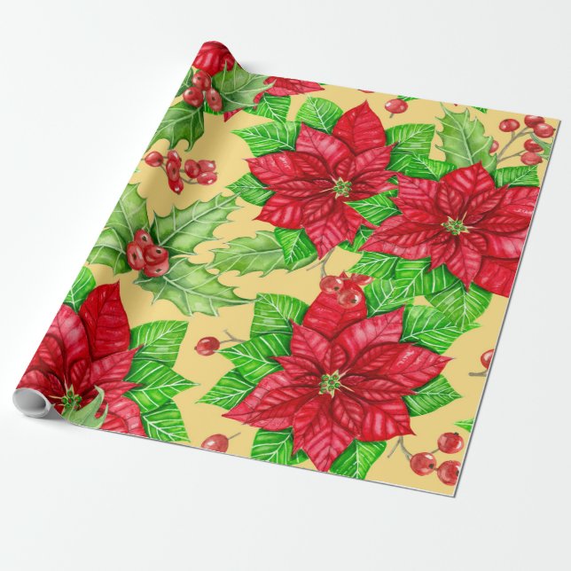 Papel De Regalo Poinsettia y la acuarela de las bayas (Desenrollado)
