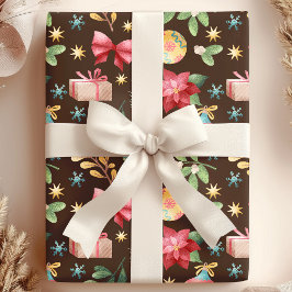 Papel De Regalo Poinsettia y muérdago de Navidad en acuarela