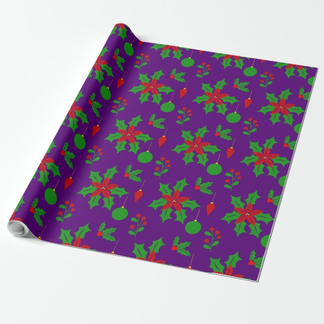 Papel De Regalo Poinsettias, agujeros y mistletas en morado (Desenrollado)