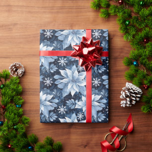 Papel De Regalo Poinsettias azules heladas y copos de nieve en la