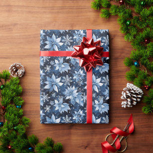 Papel De Regalo Poinsettias azules heladas y copos de nieve en la