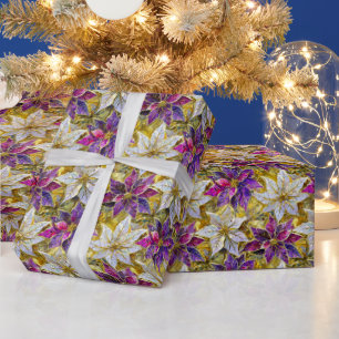 Papel De Regalo Poinsettias de Navidades rosados morados de oro bl