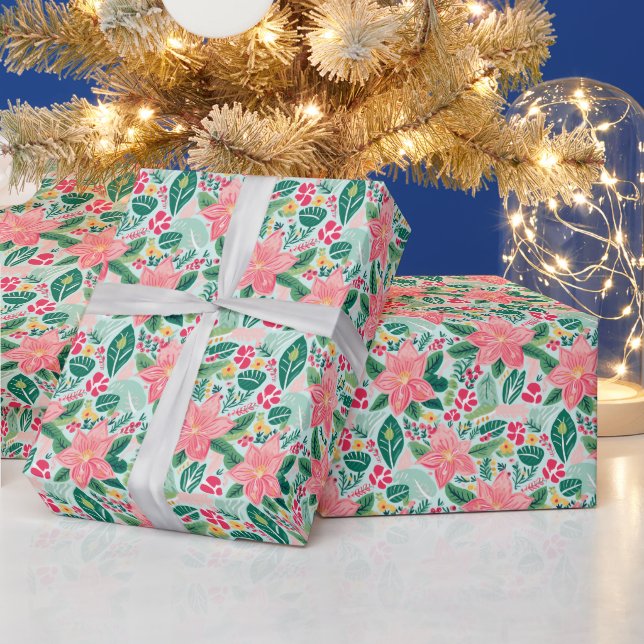 Papel De Regalo Poinsettias de Navidades verdes rosados y precoces (Vacaciones)