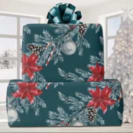 Papel De Regalo Poinsettias Navidades Blue Spruce Garland Verde az