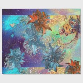 PAPEL DE REGALO POINSETTIAS ROJAS AZULES, MARIPOSAS EN DERRAMES DE