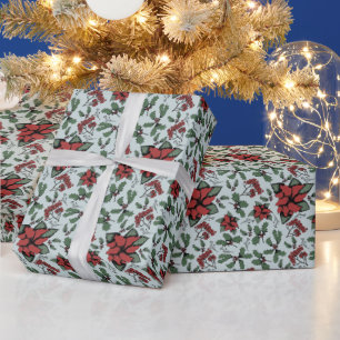Papel De Regalo Poinsettias rojas estacionales y azul berries