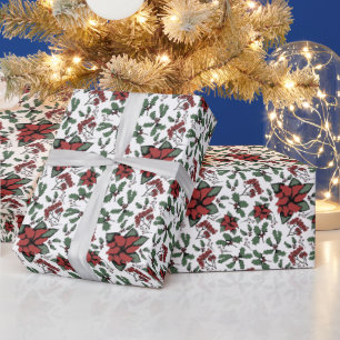 Papel De Regalo Poinsettias rojas estacionales y blanco berreo