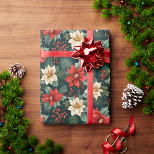 Papel De Regalo Poinsettias rojas y crema con bayas