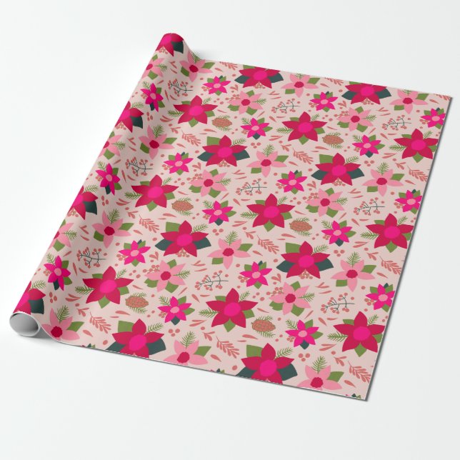 Papel De Regalo Poinsettias rosadas (Desenrollado)