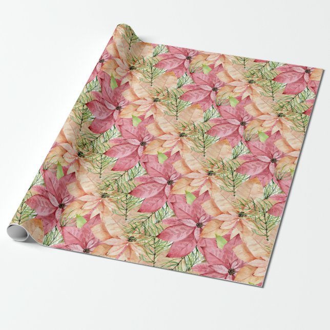 Papel De Regalo Poinsettias y agujas de pino (Desenrollado)