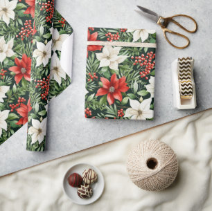 Papel De Regalo Poinsettias y bayas de Navidad en acuarela