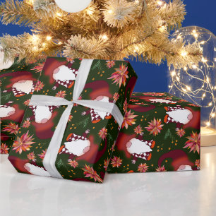 Papel De Regalo Poinsettias y Gnomos en Navidad Verde Oscuro 