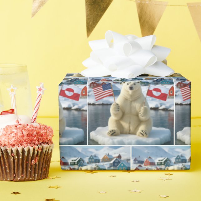 Papel De Regalo Polar Bear With Greenland and American Flags (Fiesta de cumpleaños )