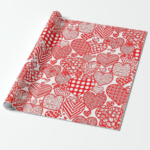 Papel De Regalo Polca Romántica Corazón Doodle Rojo Blanco
