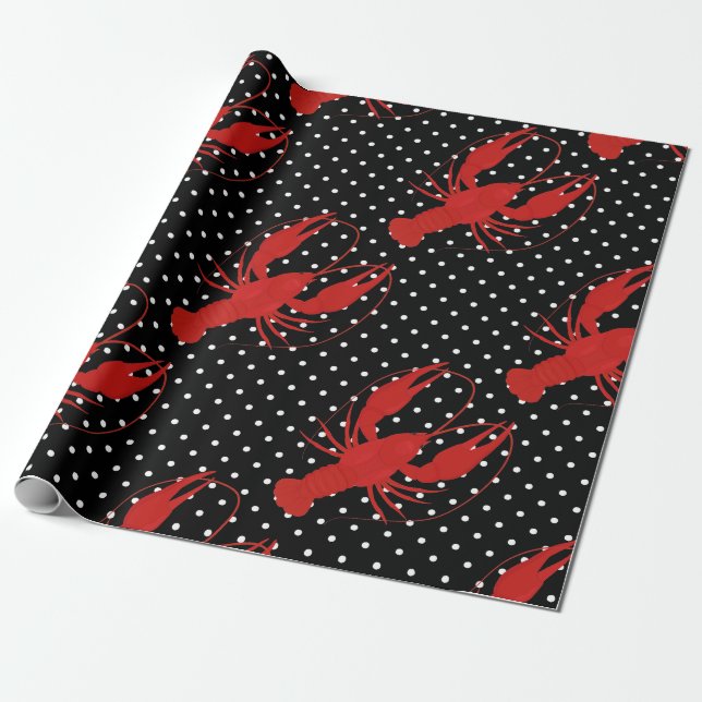 Papel De Regalo polka de langosta rojo paja negro (Desenrollado)