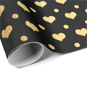 Papel De Regalo Polka dorado puntos corazón confetti negro metálic