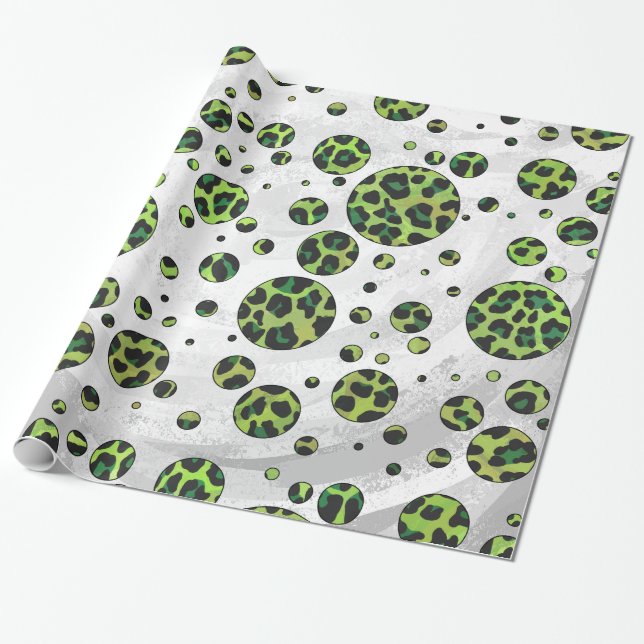 Papel De Regalo Polka Dot Leopardo Negro y Verde (Desenrollado)