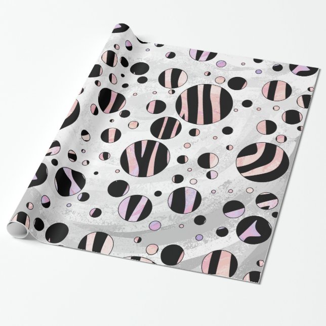 Papel De Regalo Polka Dot Zebra Negro y Rosa (Desenrollado)