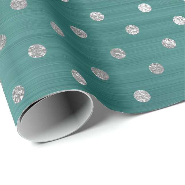 Papel De Regalo Polka Dots Silver Aqua Verde azulado Tropical Metá (Esquina del rollo)