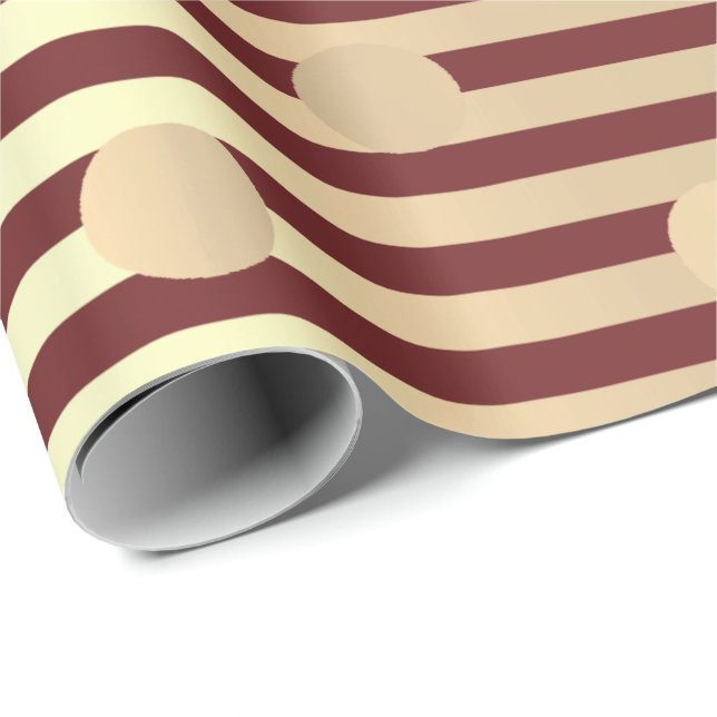 Papel De Regalo Polka Dots Stripes Champaigne Gold Burgundy Maroon (Esquina del rollo)