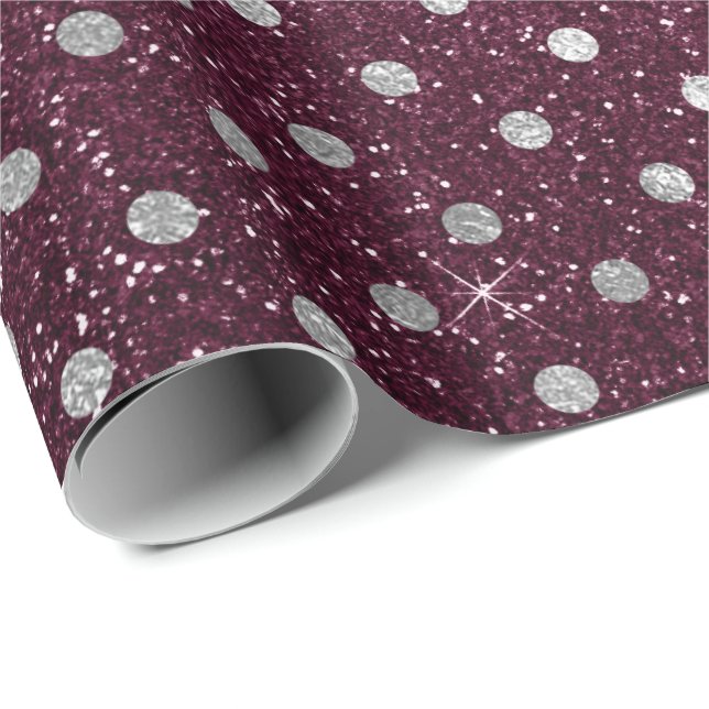 Papel De Regalo Polka Plateado Dots Gray Purpurina Beet Burgundy (Esquina del rollo)