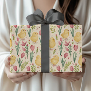 Papel De Regalo Pollitos amarillos lindos de Pascua con tulipanes 