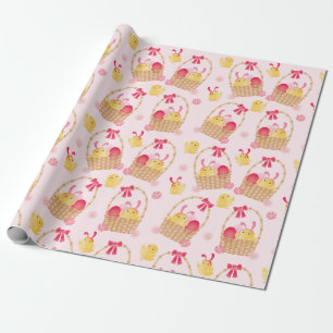 Papel De Regalo Pollitos de cesta de Pascua femenina rosa