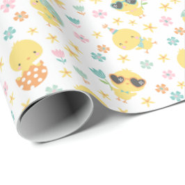 Papel De Regalo Pollitos de Pascua con flores y huevos