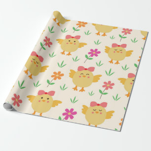 Papel De Regalo Pollitos de Pascua Elegantes con Lazos y Flores