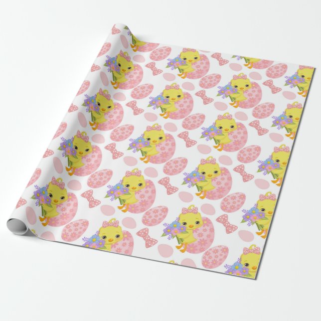 PAPEL DE REGALO POLLO AMARILLO ORIENTAL CON HUEVOS ROSA (Desenrollado)