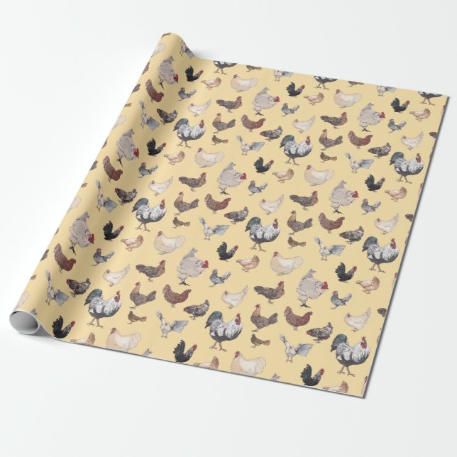Papel De Regalo Pollos acuarela - Gallinas y gallos (Desenrollado)