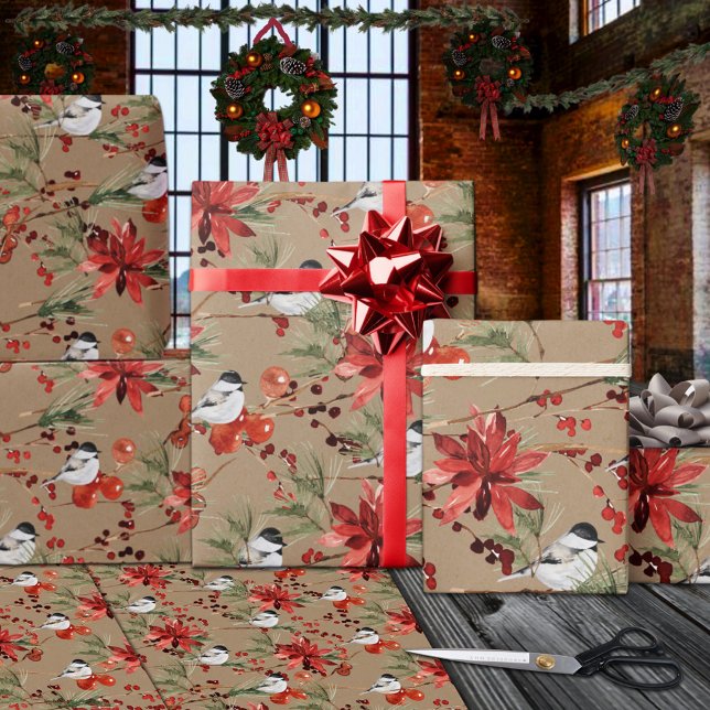 Papel De Regalo Pollos Kraft Rústicos: Berries y Poinsettias rojas (Rustic Kraft Chickadees Red Berries & Poinsettias Christmas Holiday Gift Wrapping Rolls )