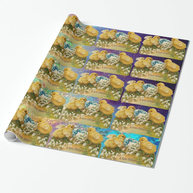 PAPEL DE REGALO POLLOS, SNOWDROPS Y HUEVOS ORIENTALES CON BOCA AZU (Desenrollado)