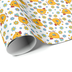 Papel De Regalo Pollos y flores alegres y coloridos
