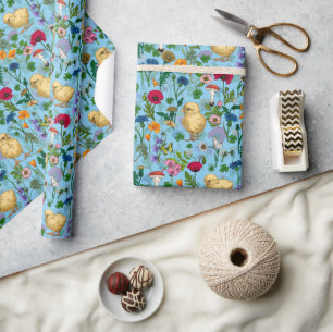 Papel De Regalo Pollos y flores silvestres en azul bebé