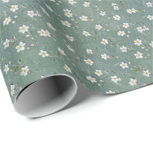 Papel De Regalo Polvo Floral Blanco Verde Opaco