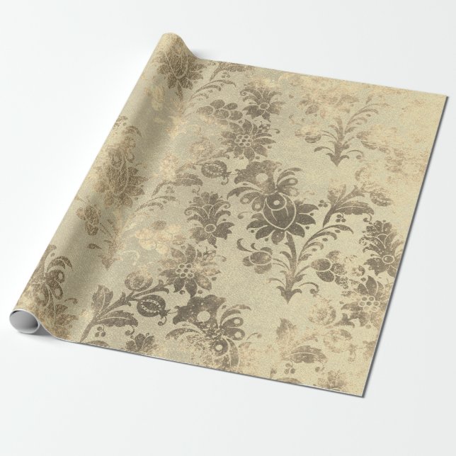 Papel De Regalo Polvo Floral Grungy Damask Sepia Champagne Gold (Desenrollado)