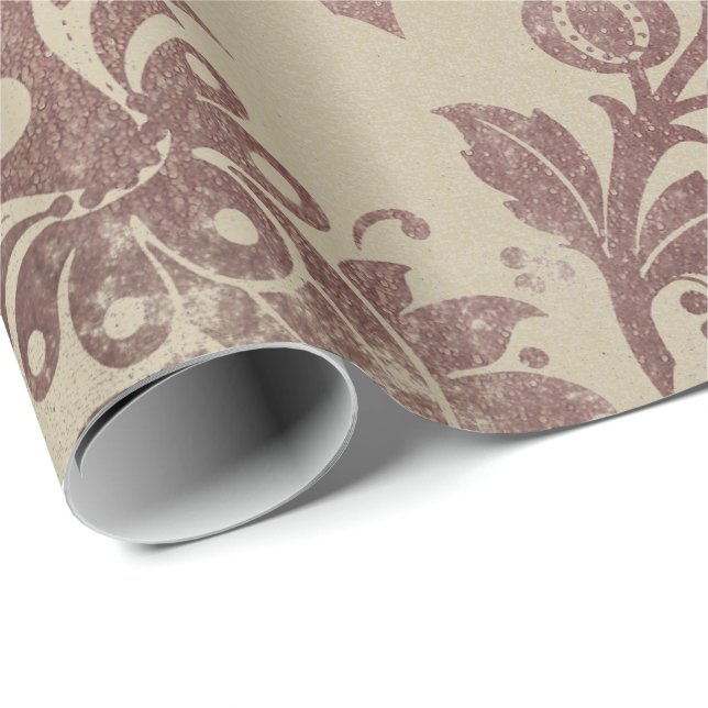 Papel De Regalo Polvo Floral Grungy Damask Sepia Ivory Rosa Gold (Esquina del rollo)