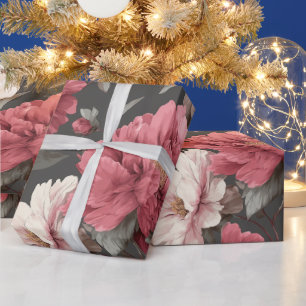 Papel De Regalo Polvo Romántico Rosa Peonía Gris Patrón Floral
