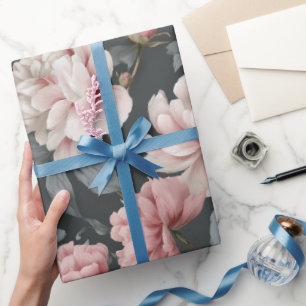 Papel De Regalo Polvo Romántico Rosa Peonía Gris Patrón Floral