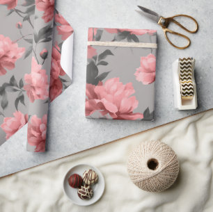 Papel De Regalo Polvo Romántico Rosa Peonía Gris Patrón Floral