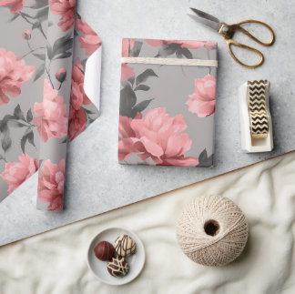 Papel De Regalo Polvo Romántico Rosa Peonía Gris Patrón Floral