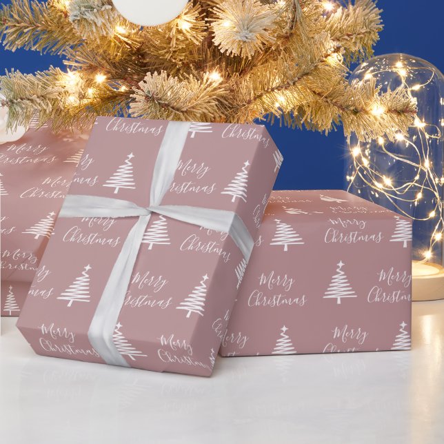 Papel De Regalo Polvoriento Rosa Feliz Navidad Blanco Árbol de Nav (Vacaciones)