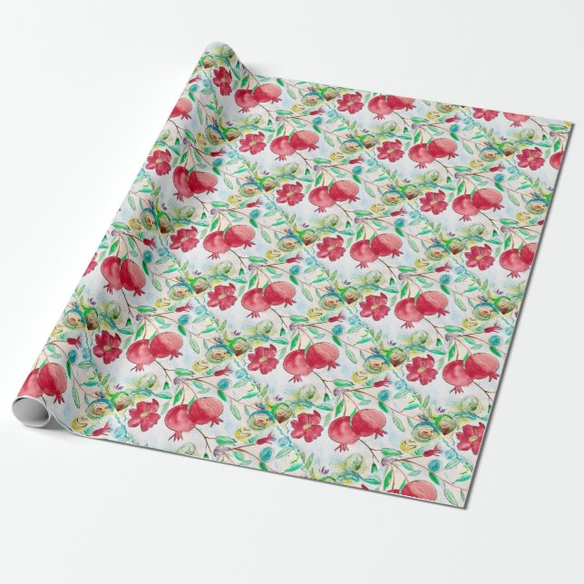 Papel De Regalo Pomegrana fruta de la hoja acuarela patrón jardín (Desenrollado)