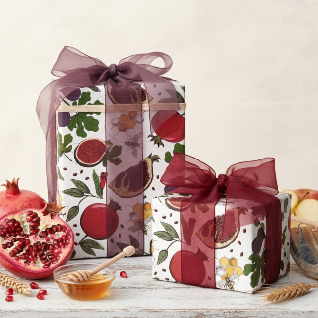 Papel De Regalo Pomegranates, Figs and Honey Bees (Pretty Botanical Pomegranate Fruit, Figs, Honey Bees, Honeycomb Wrapping Paper. Jewish Rosh Hashanah)