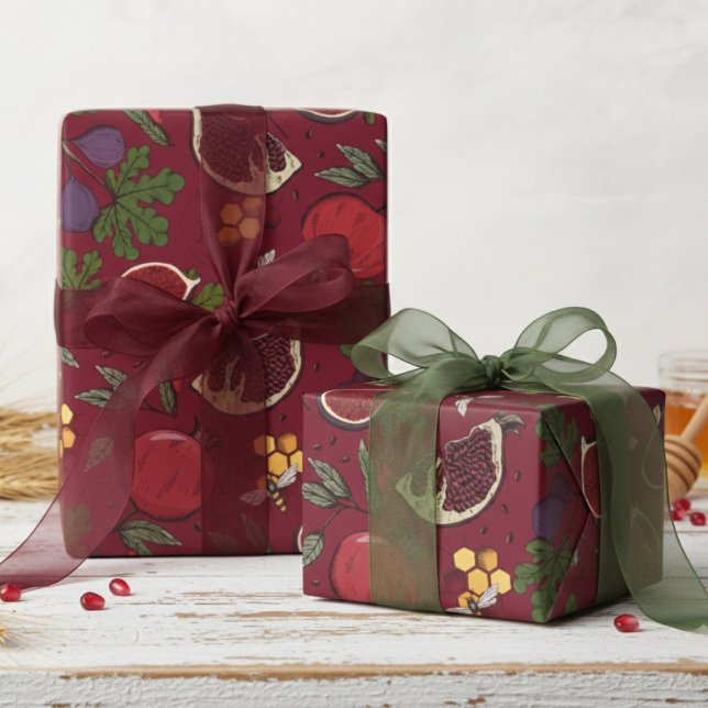 Papel De Regalo Pomegranates, Figs and Honey Bees Burgundy (Modern Burgundy Fruit Wrapping Paper.  Pretty Pomegranates, Figs & Bees Pattern for Jewish New Year.)