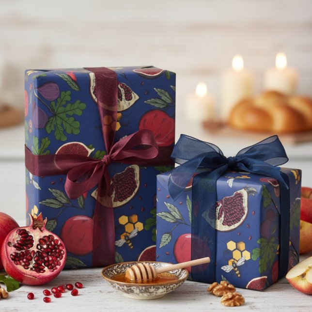 Papel De Regalo Pomegranates, Figs and Honey Bees Navy Blue (Elegant Navy Blue Pomegranates, Figs,  Honeycomb, Honey Bees Wrapping Paper for Jewish New Year )